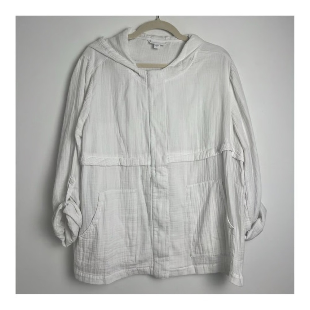 J.Jill Medium White Button Zip Up Hooded Lightweight 100% Cotton Casual Jacket